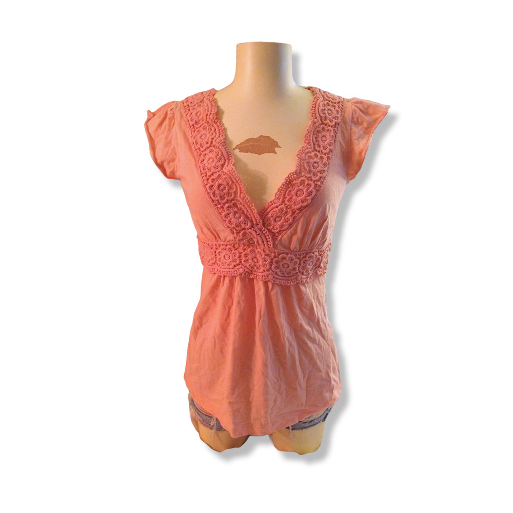 peach lace trim bust baby doll tee size small Y2K